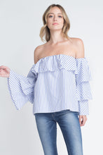 Load image into Gallery viewer, Women's Off Shoulder Stripe Ruffle Long Sleeve Top
