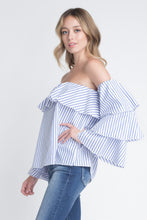 Load image into Gallery viewer, Women's Off Shoulder Stripe Ruffle Long Sleeve Top
