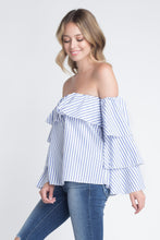 Load image into Gallery viewer, Women's Off Shoulder Stripe Ruffle Long Sleeve Top
